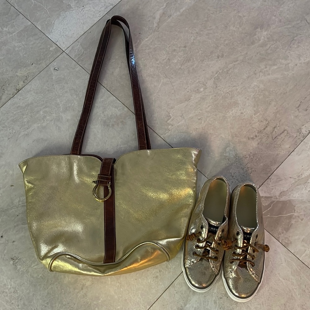 Vintage Furla gold leather bag and Gold sperrys size 7